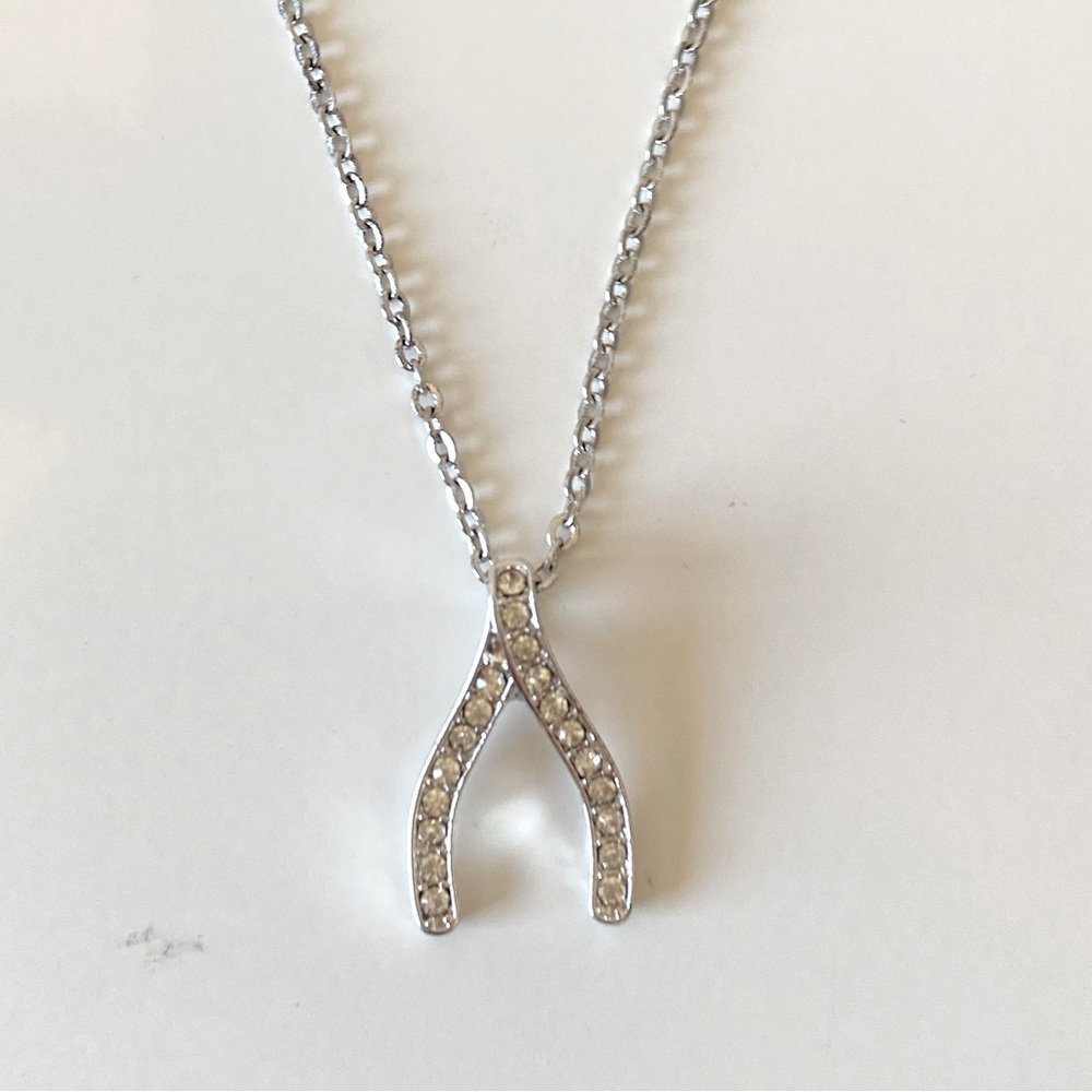 NWT CHARMING CHARLIE Silver Wishbone Necklace with Crystal Rhinestones